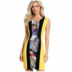 BCBGMAXAZRIA Yellow Black Floral Slimming Dress 0 Meyna Sheath NWT Mini